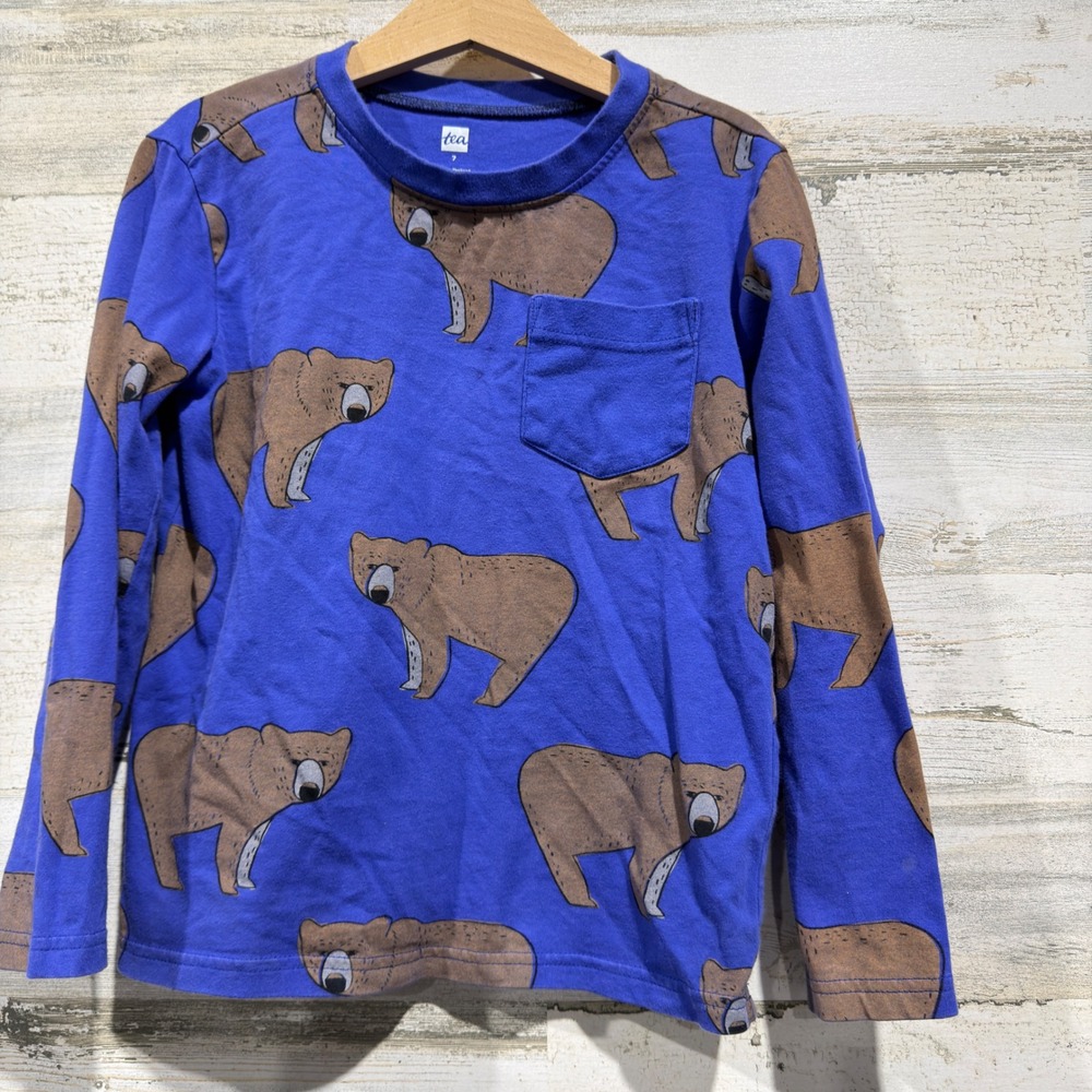 Tea Collection Long Sleeve Shirt Boys 7 Blue Brown Bear Print EUC